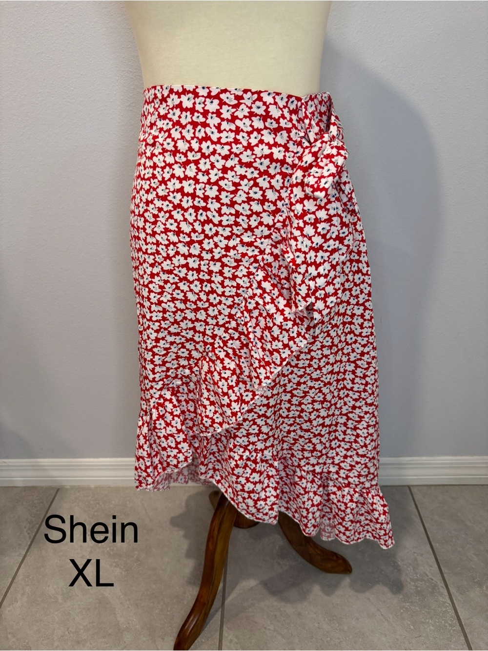 SHEIN Red and White Floral Ruffle Wrap Midi Skirt